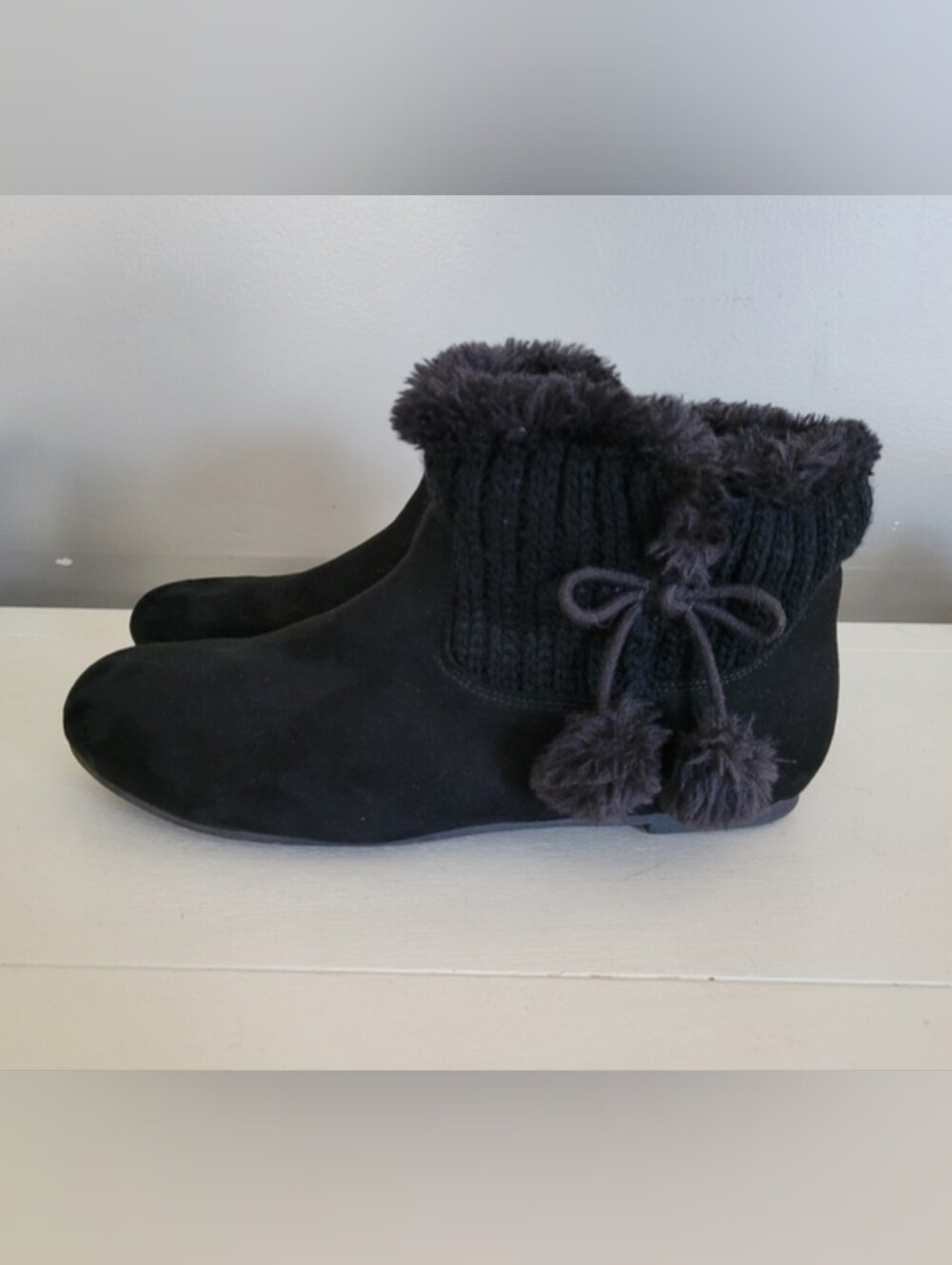 Women's Black Suede Faux Fur Trimmed Ankle Boots with Pom Poms